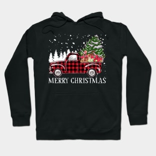 Merry Christmas Truck Tree Red Buffalo Plaid Xmas Pajamas Hoodie